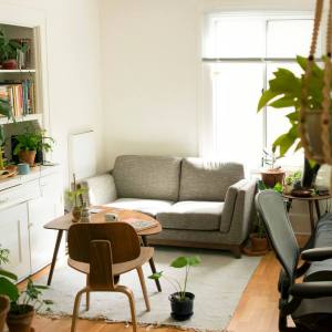 Apartment lounge with grey sofa