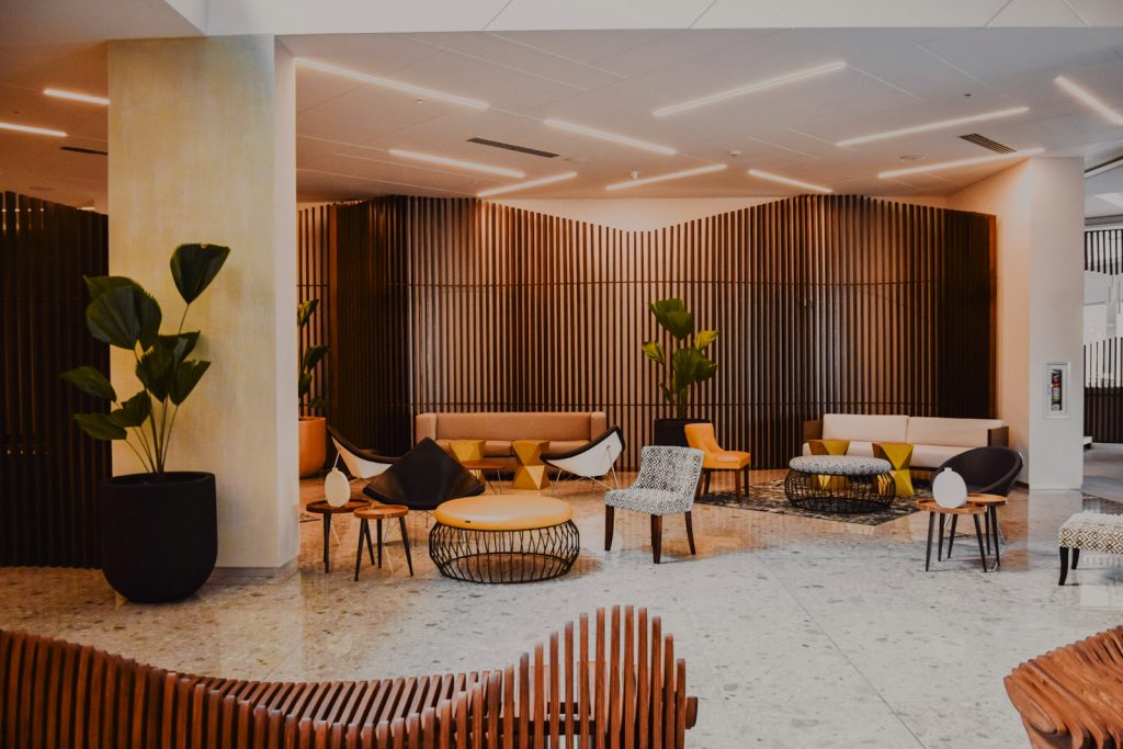 Hotel lobby with lounge seating